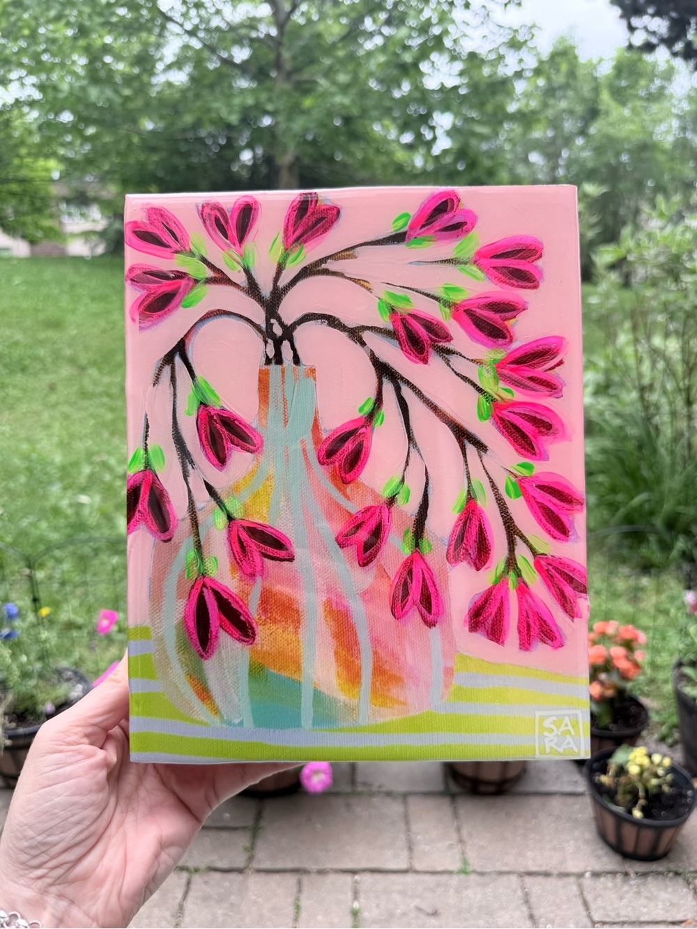 Neon Pink Blossom Vase Painting